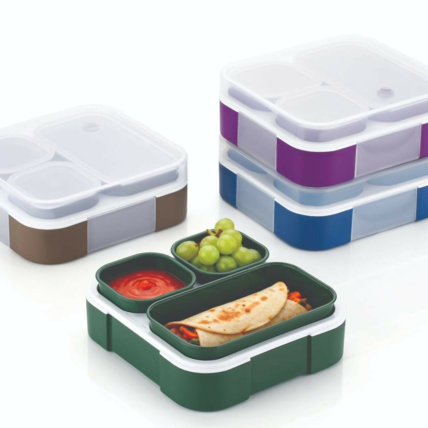 Open Zesty Lunch Box showing three separated compartments