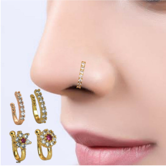 AD Flower & Line Non-Piercing Nose Ring/Nath Combo Set Combo Pack of 4
