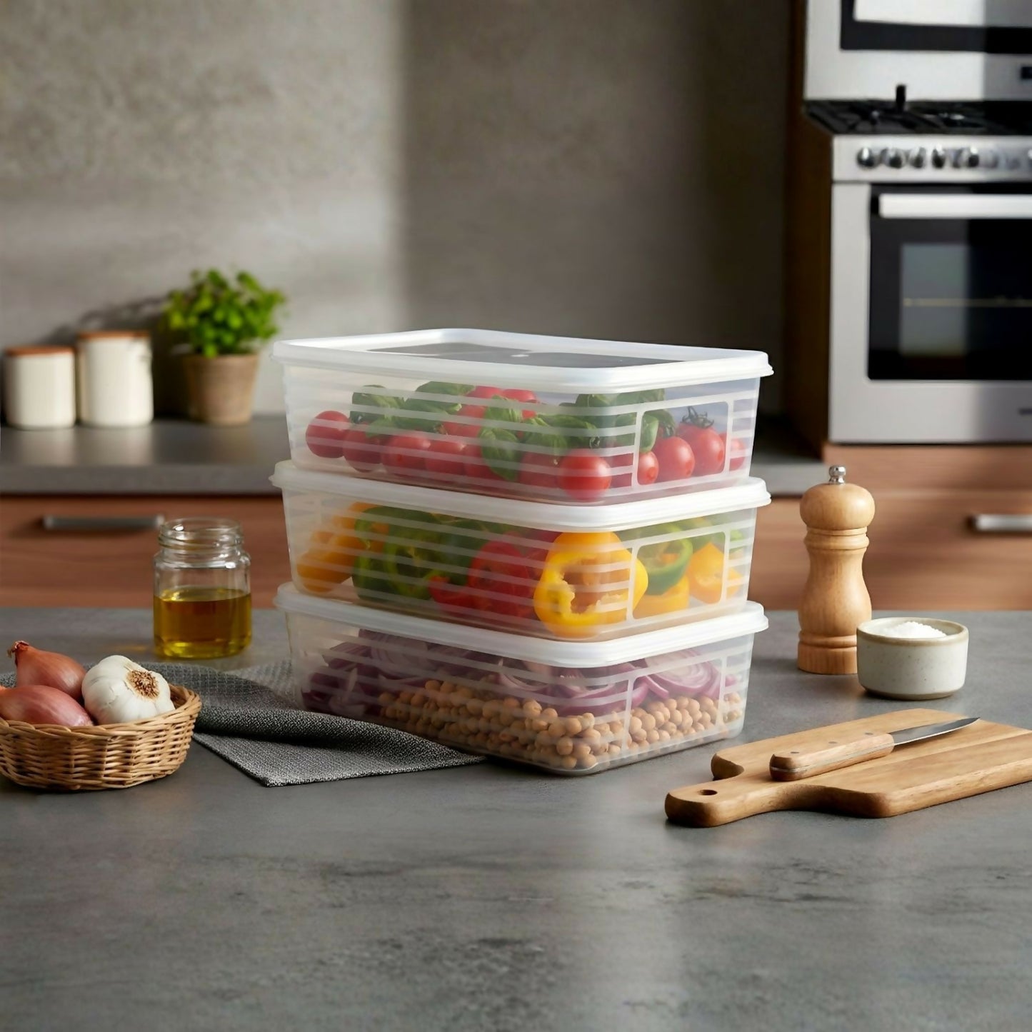Cuisine food containers filled with cut fruits and veggies