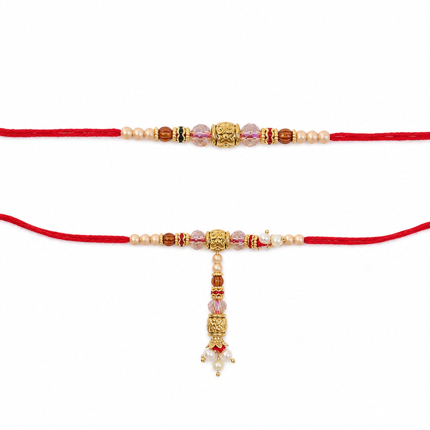 Antique Filigree Cube Charm Bhai Bhabhi Rakhi with Crystal Beads and Pearl Drops