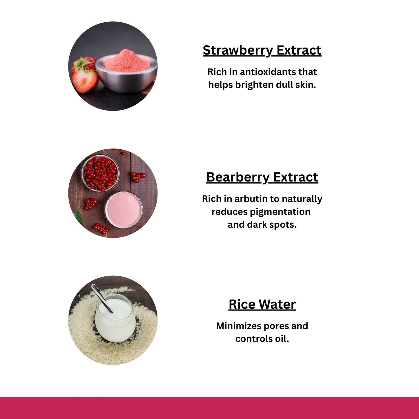 Close-up of face wash ingredients including rice water and bearberry extract