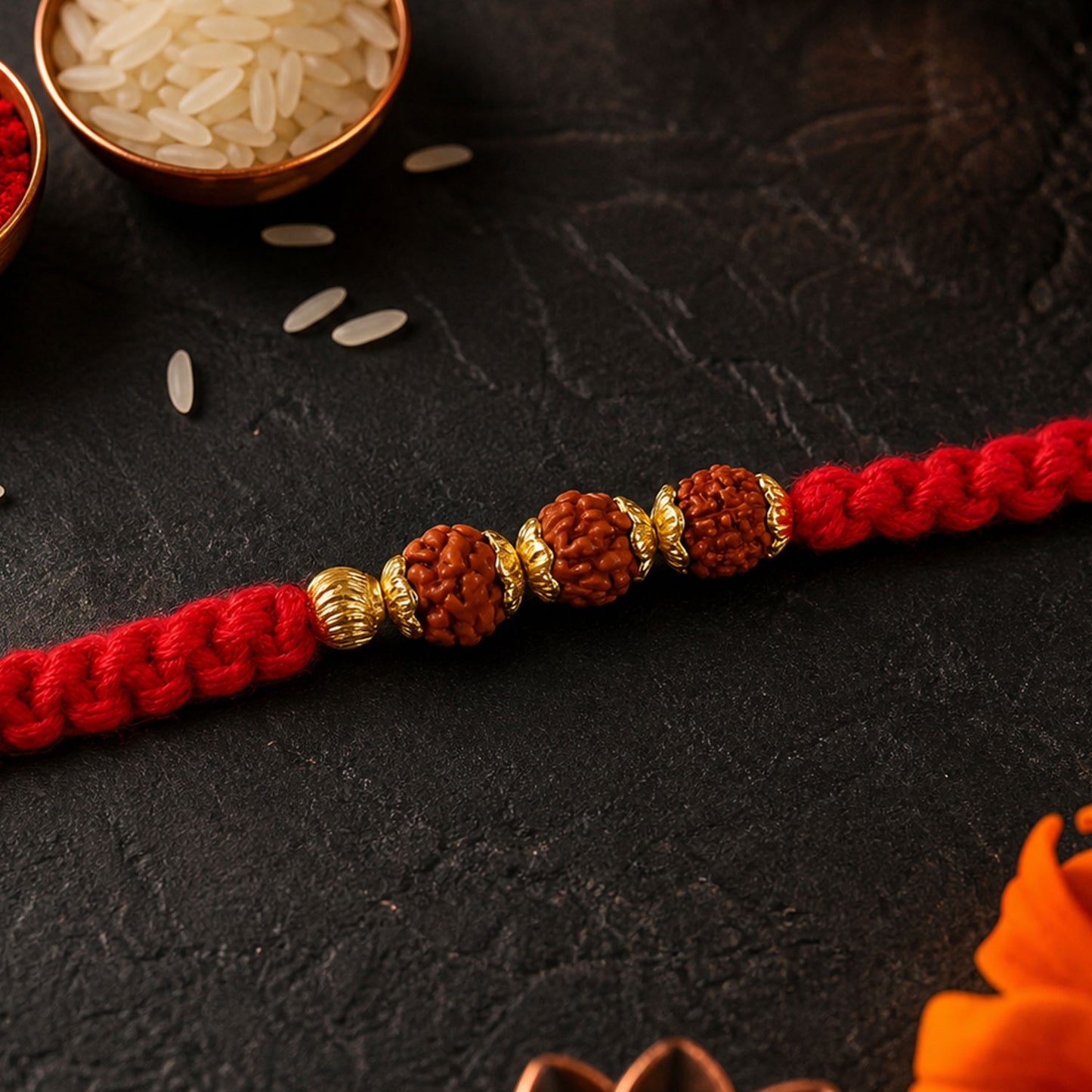 Red Thread Rakhi with a Row of Natural Rudraksha Bead Pendant