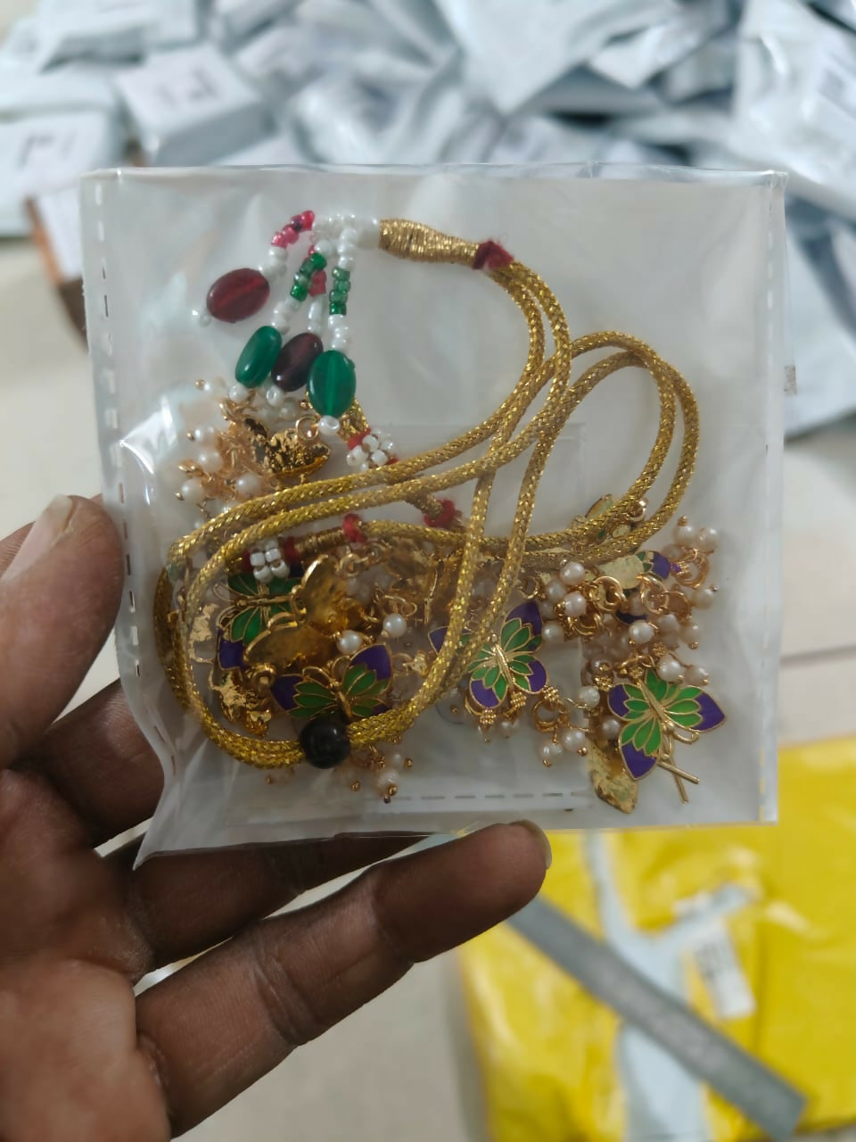 Artistic Purple & Green Enamel Butterfly Choker Set with Pearl Drops