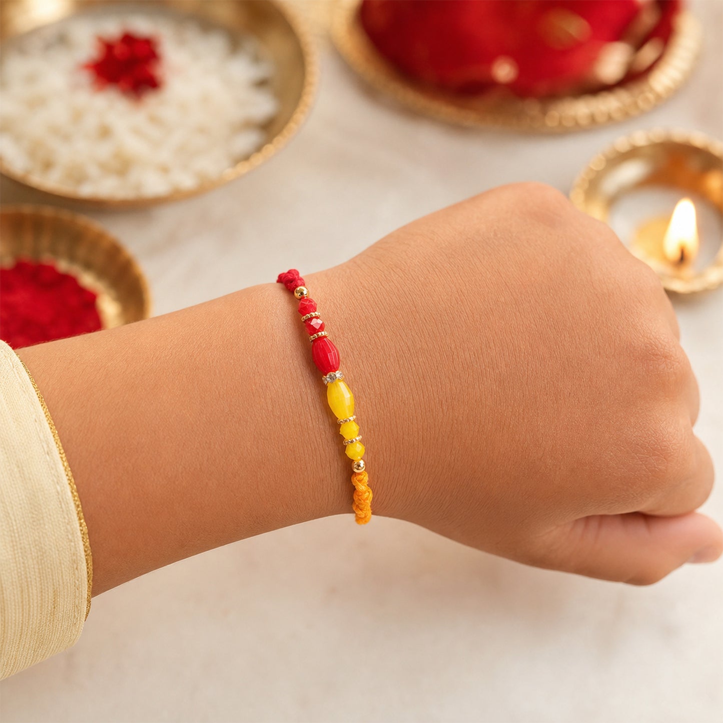 Red Thread Rakhi with Yellow and Orange Bead Pendant Accents