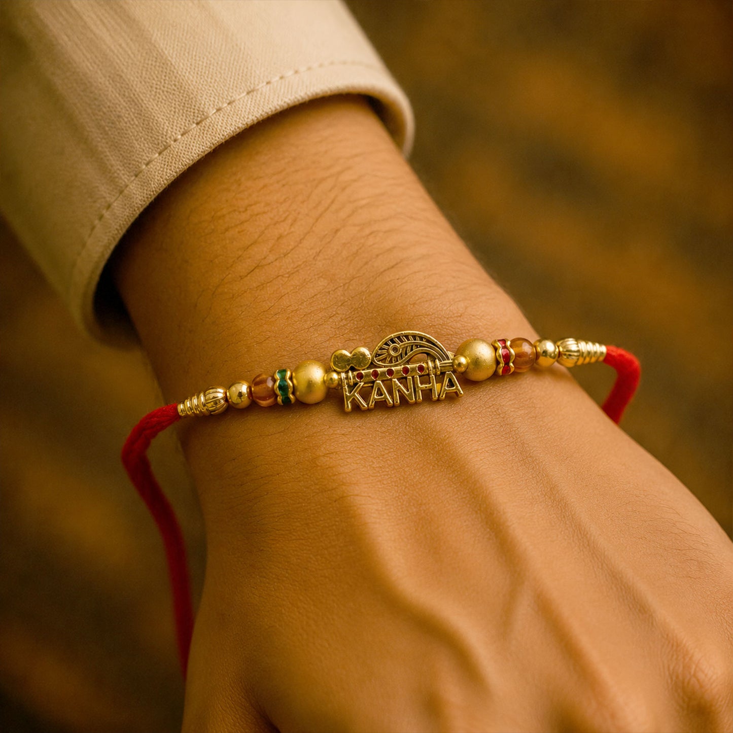 Kanha Krishna Devotional Rakhi with Peacock-Flute Style Golden Centre and Red Beads