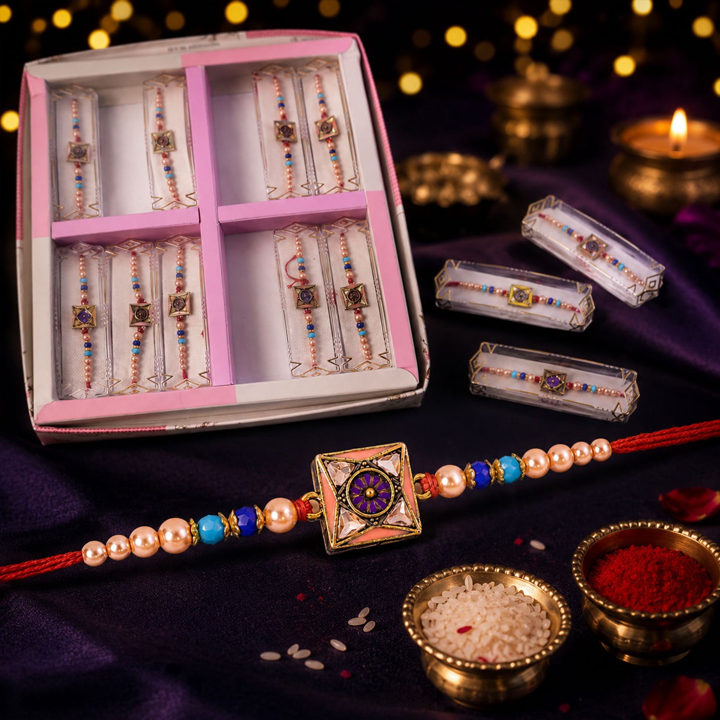 Royal Purple Meenakari Square Designer Rakhi for Brother with Pearls