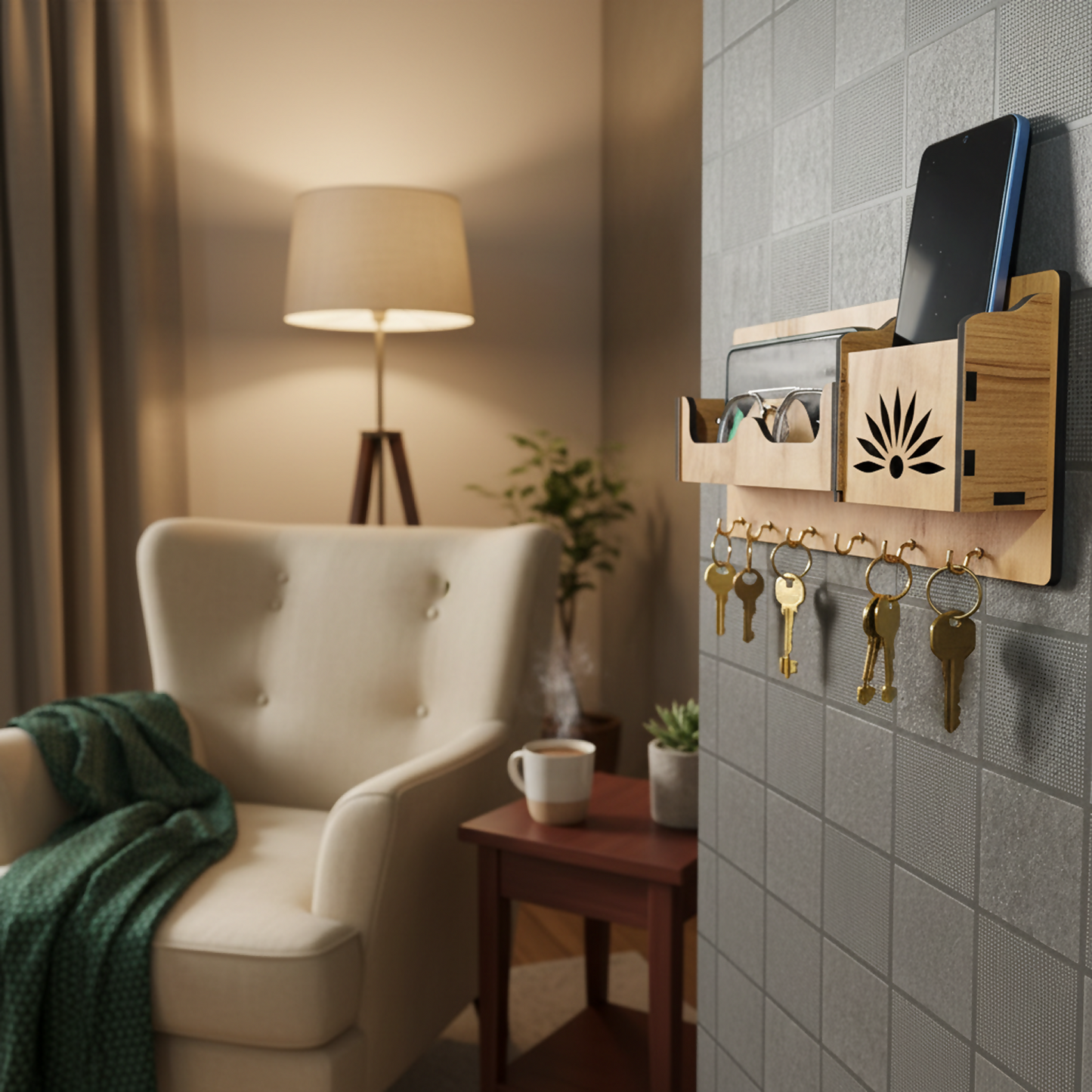 Wooden Wall Mounted Key Holder with Shelf for Mobile, Glasses and Keys