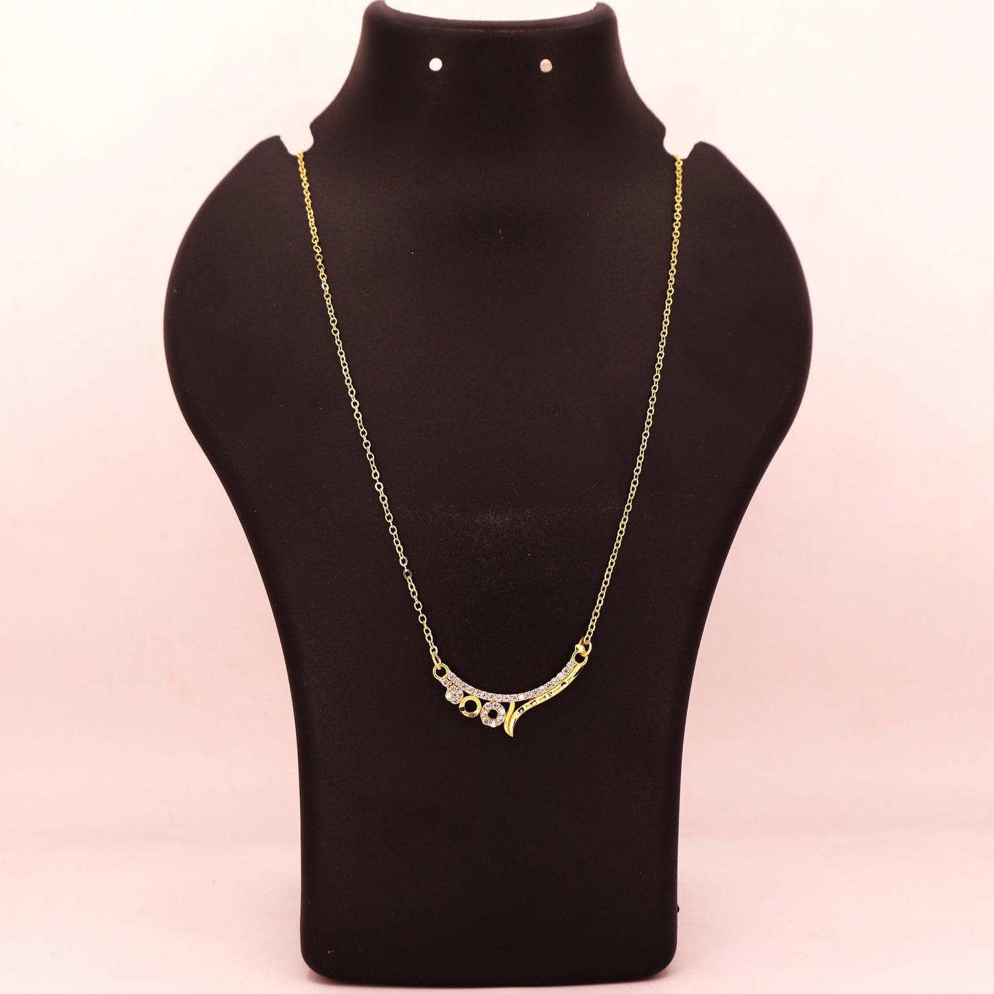 Gold Plated Pink Stone Curved Pendant Necklace Chain For women and girls