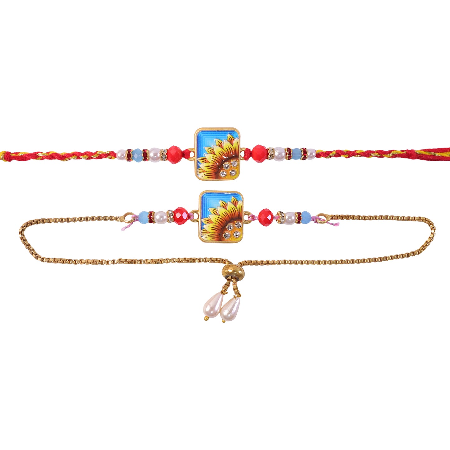 Sunflower Printed Rectangle Crystal Pearl Beads Bhai Bhabhi Rakhi Lumba Set
