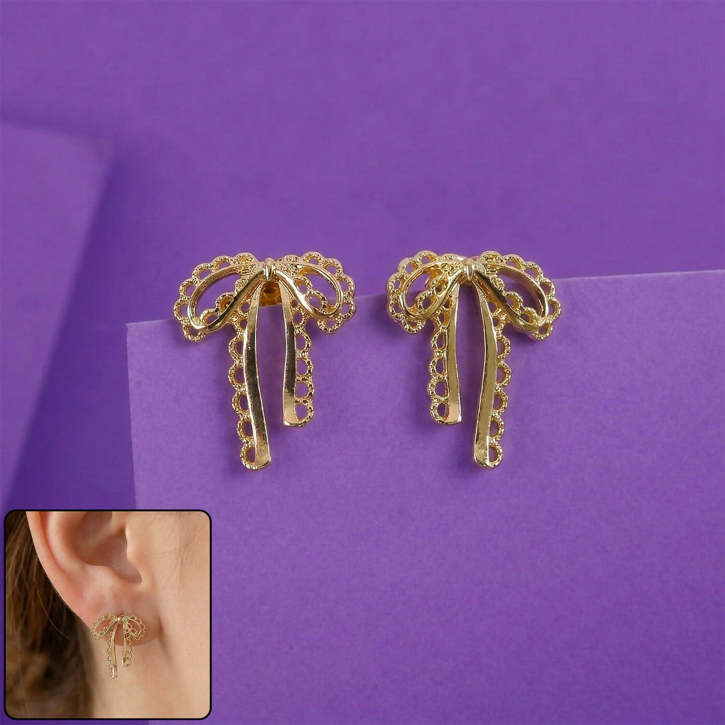 Elegant Gold Bow Drop Earrings for Women | Korean Style Designer Ribbon Earrings