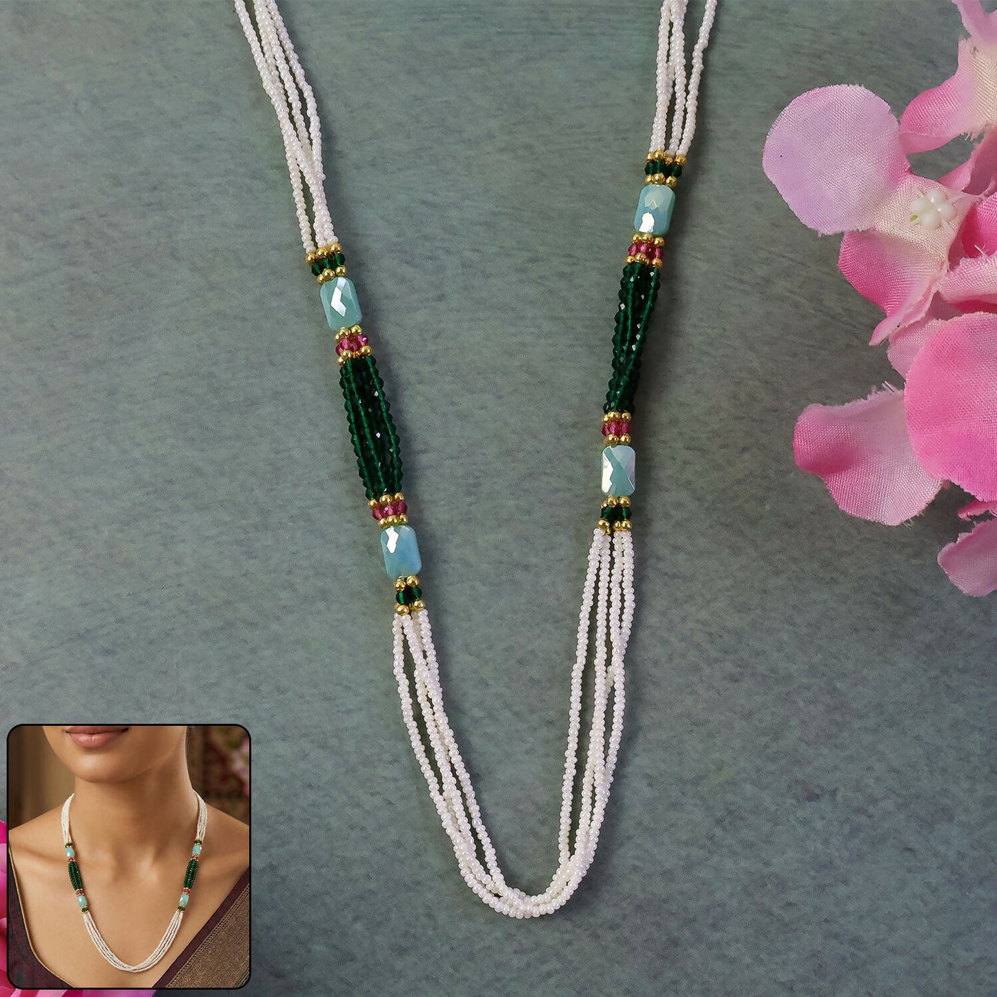Handmade Layered Pearl Mala Necklace with Green Beads Aqua Accent Ethnic Style