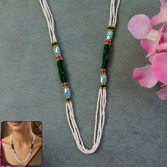 Handmade Layered Pearl Mala Necklace with Green Beads Aqua Accent Ethnic Style