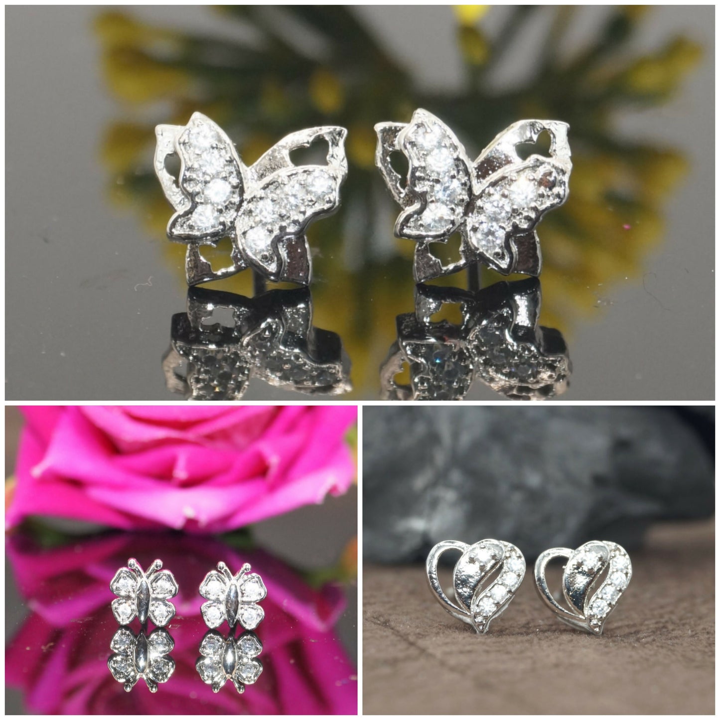 Set of sterling silver stud earrings with butterfly and heart shapes sparkling with cubic zirconia