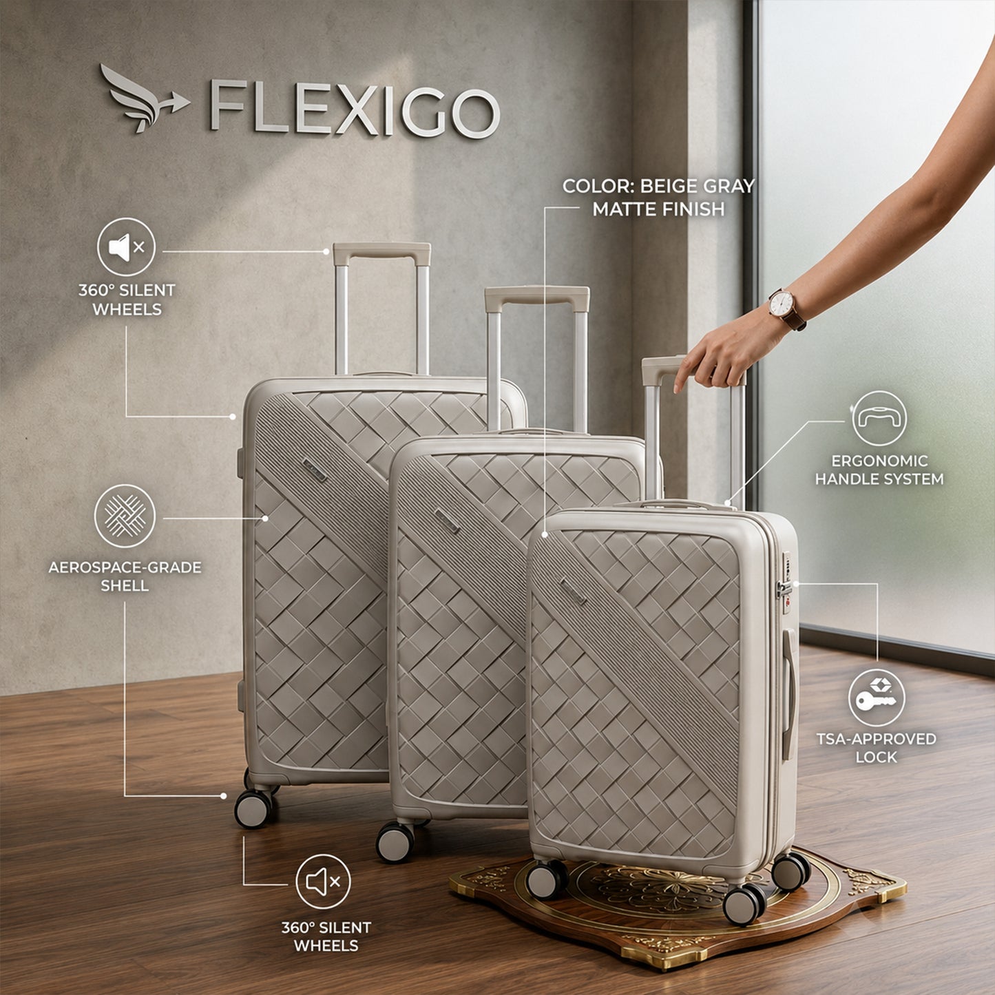 Beige Grey Premium Trolley Luggage with Spinner Wheels, Lock & Telescopic Handle