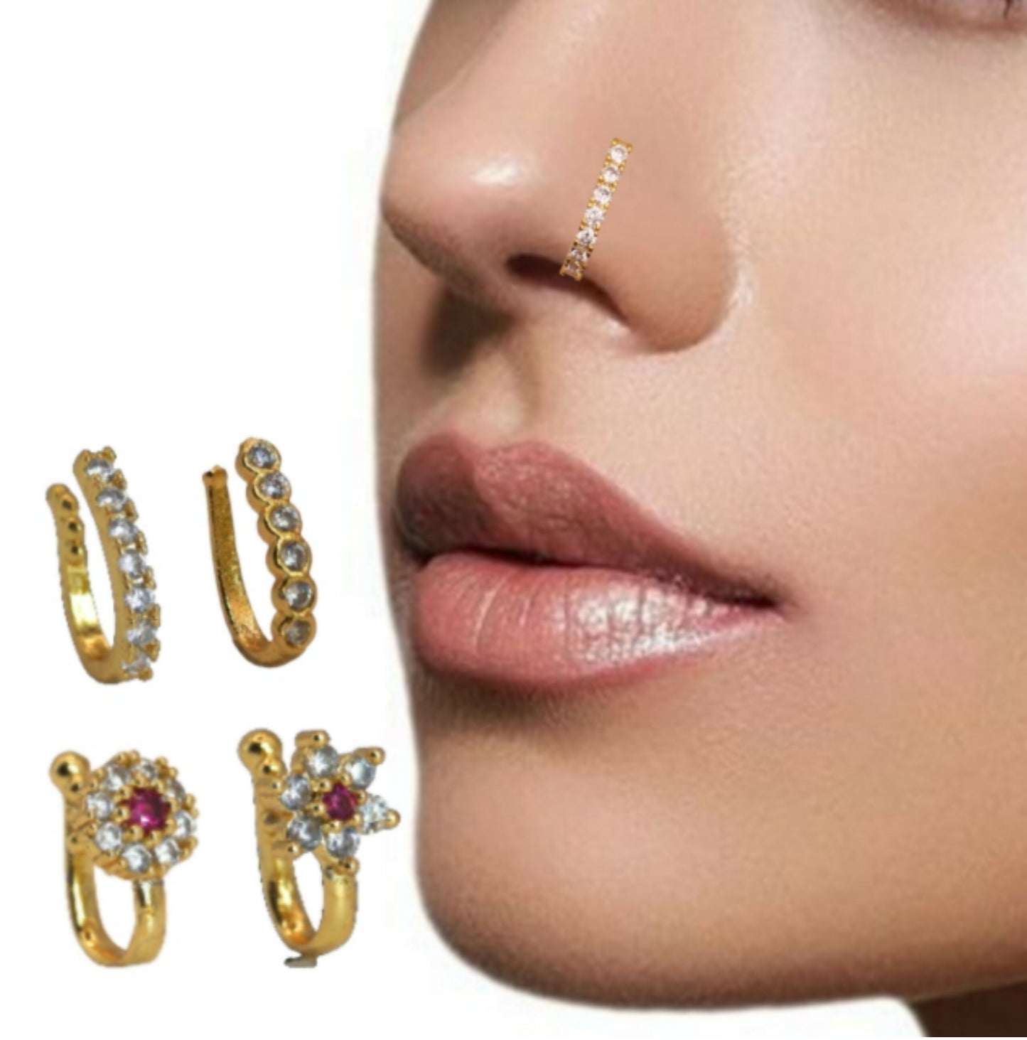 Ruby CZ Gold Plated Non-Piercing Flower Nose Ring/Clip-On Nath Combo Pack of 4