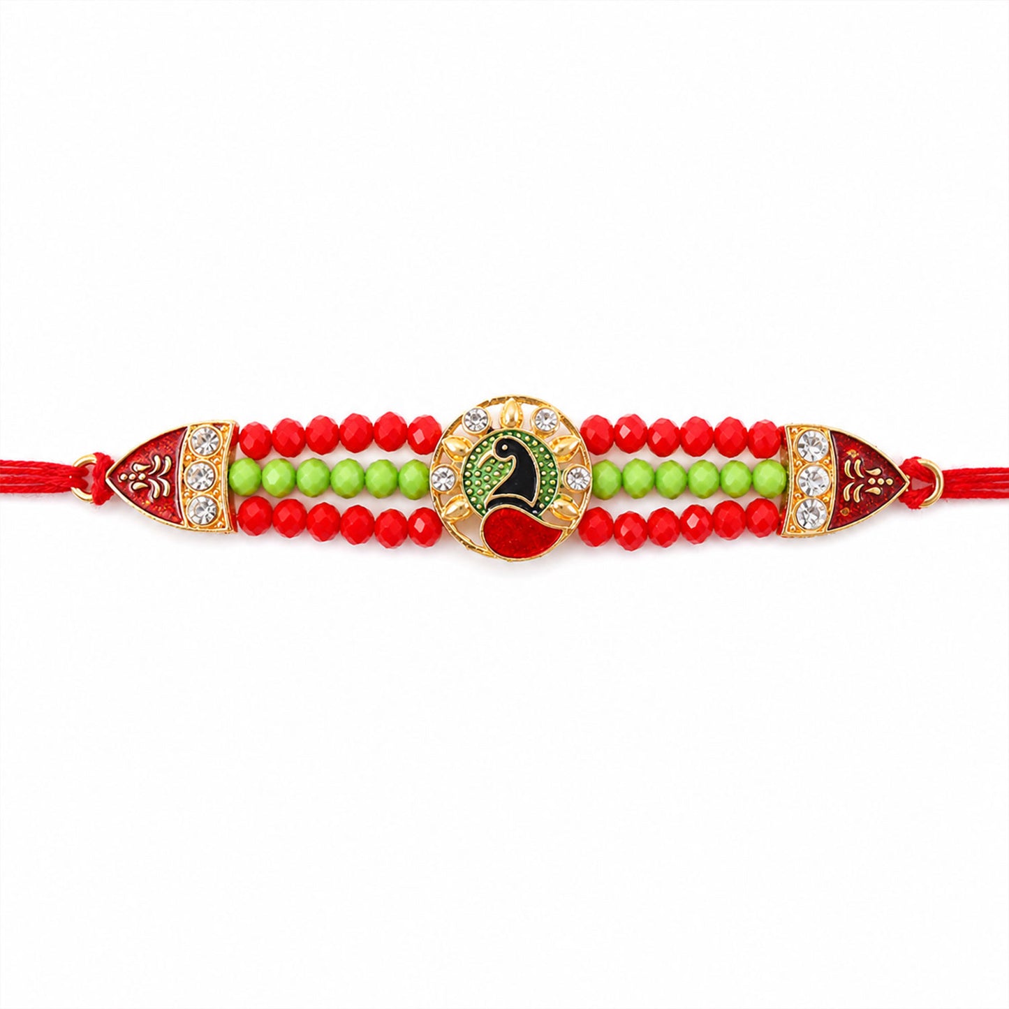 Red Green Beaded Rakhi with Gold Medallion and Bright Traditional Festive Gift Style