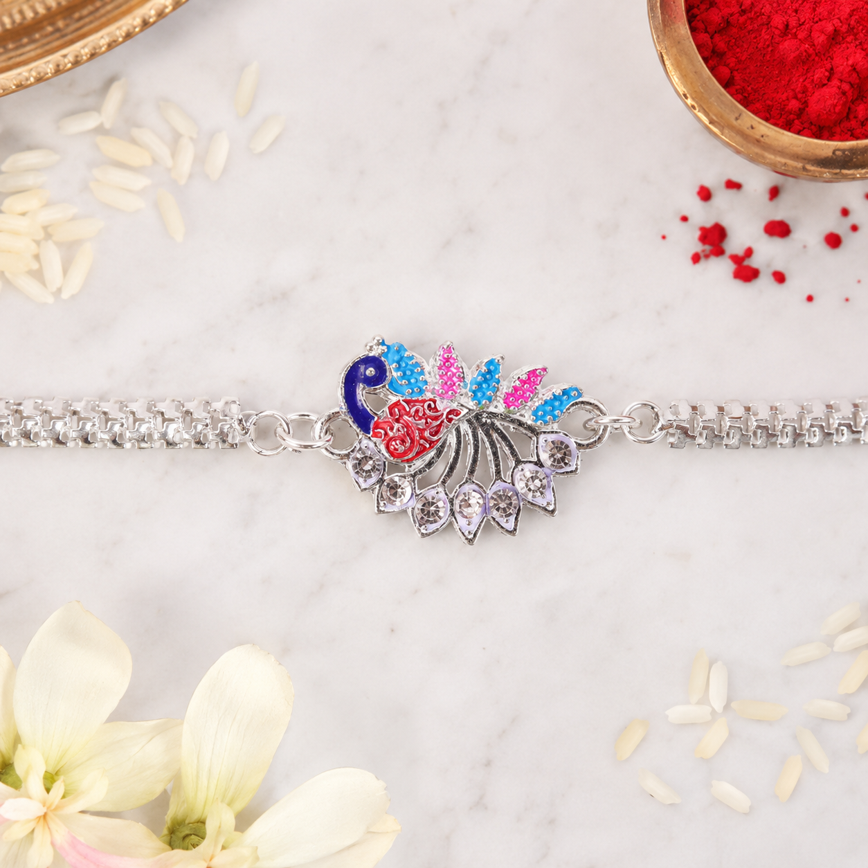 Peacock Rakhi, Enamel Finish Silver-Tone Design for Raksha Bandhan (5pcs)