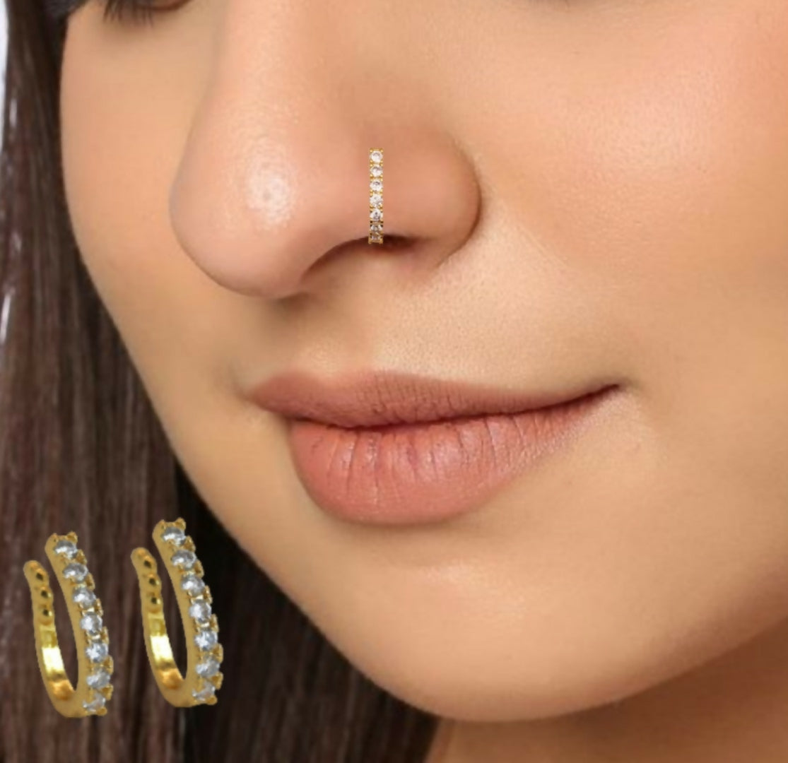 Gold-Plated CZ Lined Nose Ring Pair | Stylish Daily Wear Nosepins