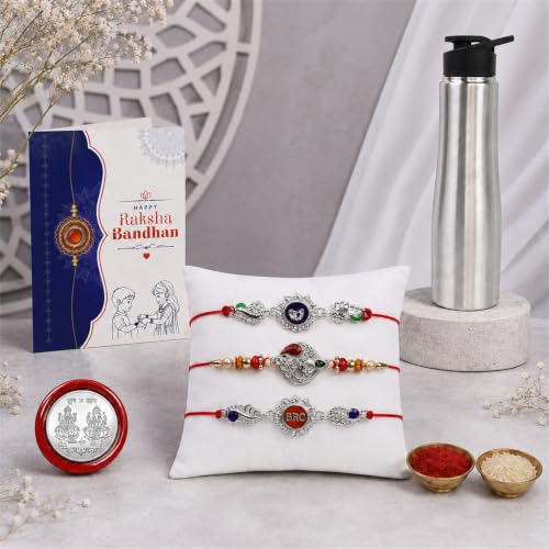Raksha Bandhan gift combo with Peacock Bro OM rakhis and stainless steel water bottle.