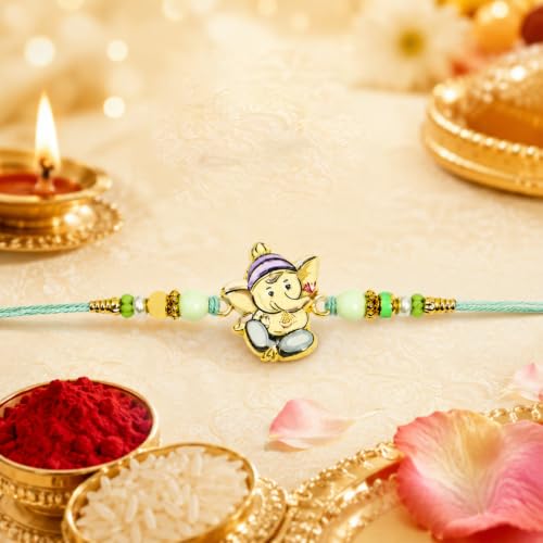 Ganesha Rakhi Combo - Raksha Bandhan Gift with Choco Butterscotch 32gm, Pack of 5
