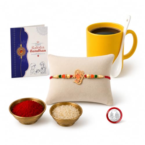 Ganesha Rakhi Combo - Raksha Bandhan Gift with Plastic Mug with Spoon, Pack of 5