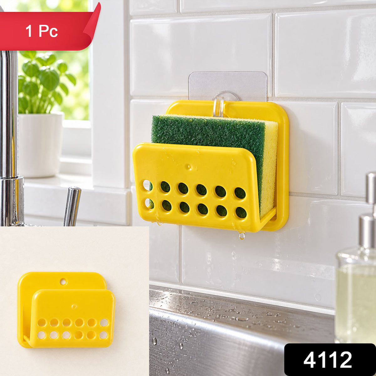 A yellow plastic sponge holder with a green sponge, adhered to white tiled kitchen wall above a sink. Red banner says '1