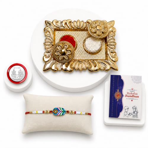 Peacock Feather Rakhi Combo - Raksha Bandhan Gift with Rectangular Pooja Thali, Pack of 5