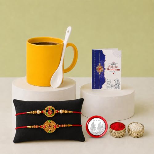 Ganesha Rakhi for Brother with Mug with Spoon - Rakshabandhan Gift Set, Pack of 6