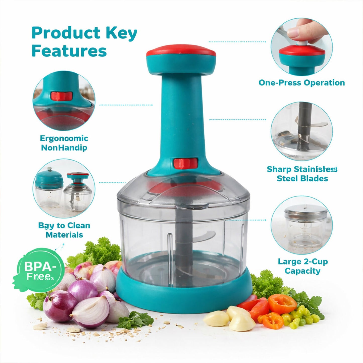 750ml Manual Push Chopper – Hand Press Vegetable Cutter & Food Processor for Onion, Garlic, Nuts & Salad