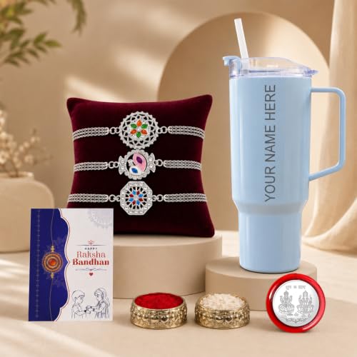 Rakhi for Brother with Travel Tumbler-1800ml - Raksha Bandhan Gift Set, Pack of 7
