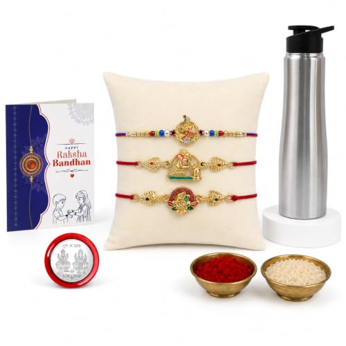 Krishna, Floral Rakhi Combo - Raksha Bandhan Gift with SS Water Bottle 1000ml, Pack of 7