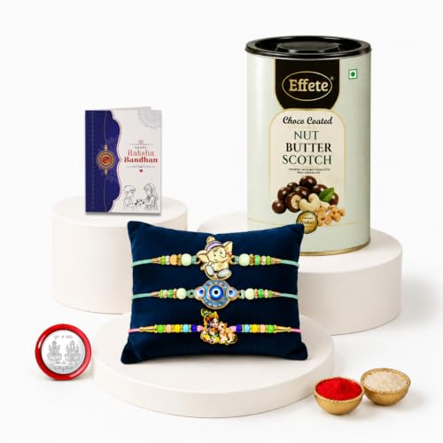Ganesha Rakhi Combo - Raksha Bandhan Gift with Choco Butterscotch 96gm, Pack of 7