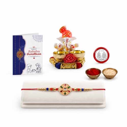 Round Rakhi Combo - Raksha Bandhan Gift with Ganesha Pooja Thali Set, Pack of 5 for Bhaiya