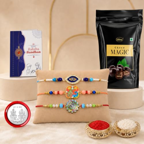 Evil Eye Rakhi Combo - Raksha Bandhan Gift with Choco Magic Standy Pouch, Pack of 7