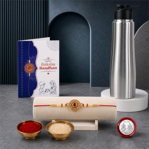 Round Rakhi Combo - Raksha Bandhan Gift with SS Water Bottle 1000ml, Pack of 5 for Bhaiya