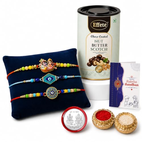 Radhe Krishna Rakhi Combo - Raksha Bandhan Gift with Choco Butterscotch 96gm, Pack of 7