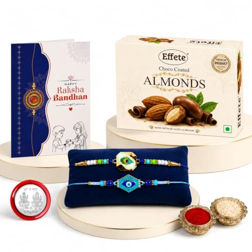 Peacock, Evil Eye Rakhi Combo - Raksha Bandhan Gift with Choco Almonds 32gm, Pack of 6