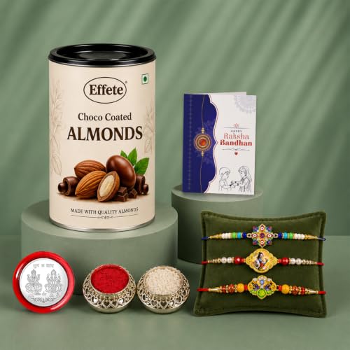 Evil Eye, OM, Krishna Rakhi Combo - Raksha Bandhan Gift with Choco Almonds 96gm, Pack of 7