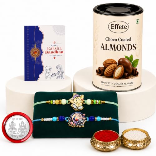 Ganesha, Peacock Rakhi Combo - Raksha Bandhan Gift with Choco Almonds 96gm, Pack of 6