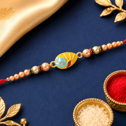 Traditional Meenakari Oval Rakhi with pearls for Raksha Bandhan