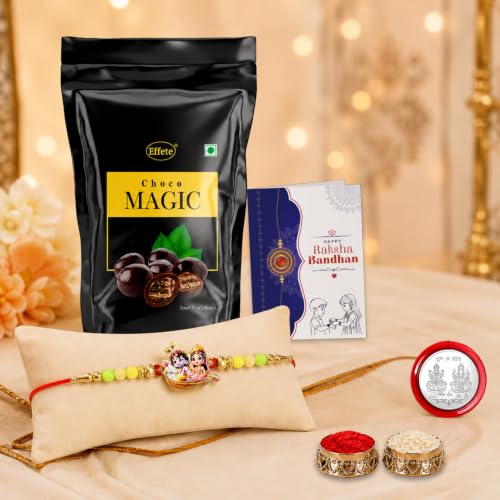 Radhe Krishna Rakhi Combo - Raksha Bandhan Gift with Choco Magic Standy Pouch, Pack of 5