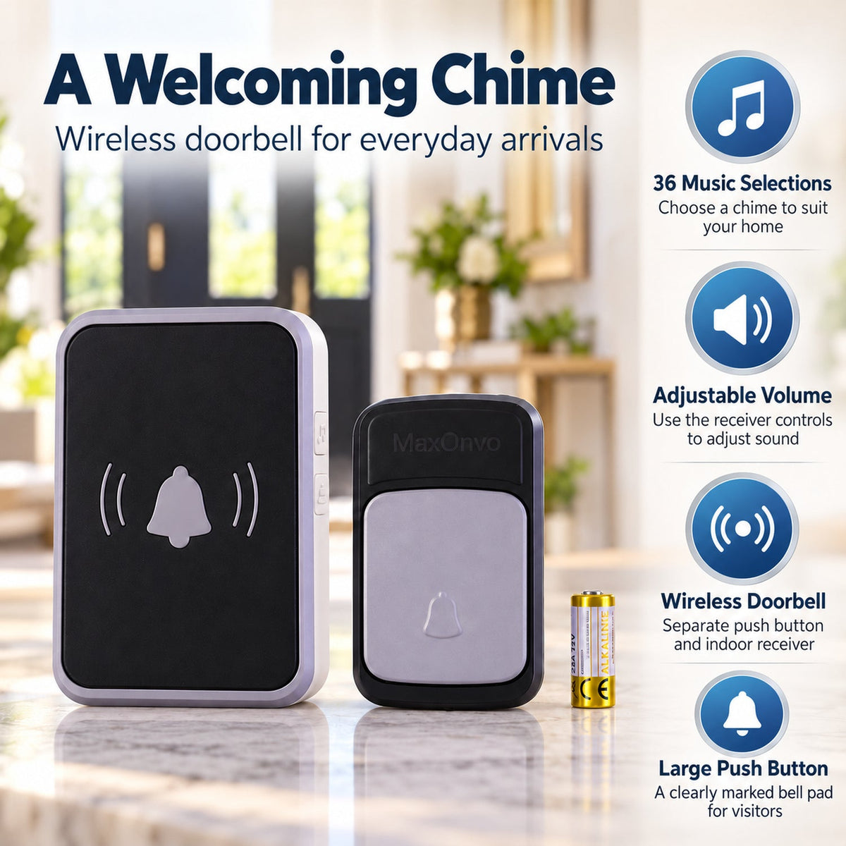 Wireless Doorbell with Push Button, 36 Melodies & Adjustable Volume (1 Set)