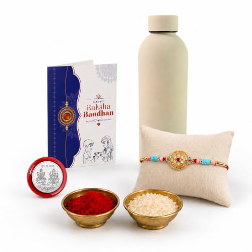 Round Kundan Rakhi Combo - Raksha Bandhan Gift with SS Water Bottle 500ml, Pack of 5