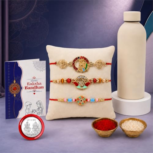 Om, Flower Rakhi Combo - Raksha Bandhan Gift with SS Water Bottle 500ml, Pack of 7