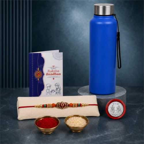 Trinetra Rakhi Combo - Raksha Bandhan Gift with SS Water Bottle 1000ml, Pack of 5