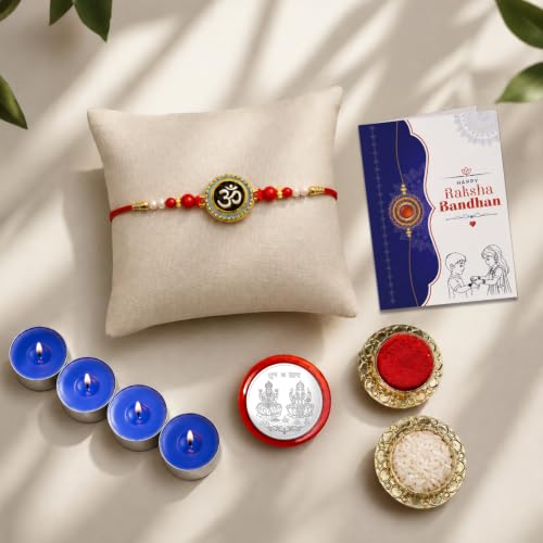 Om Rakhi Combo - Raksha Bandhan Gift with Tealight Candles 4pcs, Pack of 5 | Rakhi Gift