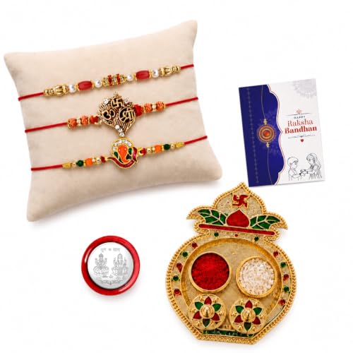 Simple Rakhi for Brother with Pooja Thali - Raksha Bandhan Gift Set, Pack of 7