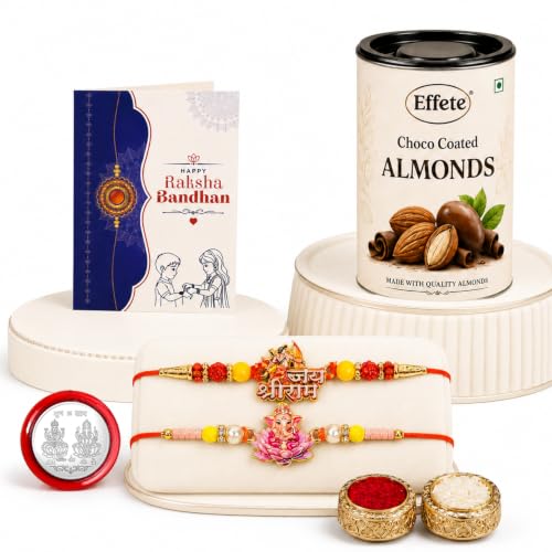 Shri Ram, Ganesha Rakhi Combo - Raksha Bandhan Gift with Choco Almonds 96gm, Pack of 6