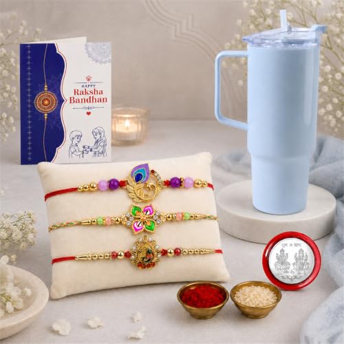 Peacock, Floral Rakhi Combo - Raksha Bandhan Gift with Travel Tumbler 1800ml, Pack of 7