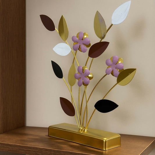 Luxury Golden Metal Flower Showpiece with Multi-Colored Leaves | Elegant Table Decor | Modern Living Room, Bedroom, Office, and Gifting Decorative Accent | Premium Handcrafted Floral Sculpture for Home Decoration